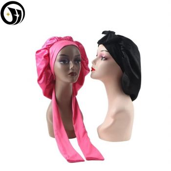 Stock Elastic Band Strap Satin Double Layer Night Bonnets for Women with Long Tie